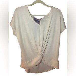 Alya Cream Knit Twist-Front, Open Back Blouse With Silky Tie Scarf - XXS